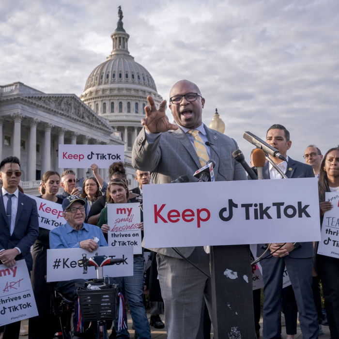 Rep. Jamaal Bowman, D-N.Y. leading a rally to defend TikTok at the Capitol in Washington (AP Photo_J. Scott Applewhite, File)