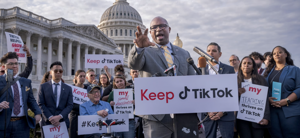 Rep. Jamaal Bowman, D-N.Y. leading a rally to defend TikTok at the Capitol in Washington (AP Photo_J. Scott Applewhite, File)